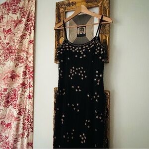 Vintage Black Beaded Silk Star Embroidered Evening Gown